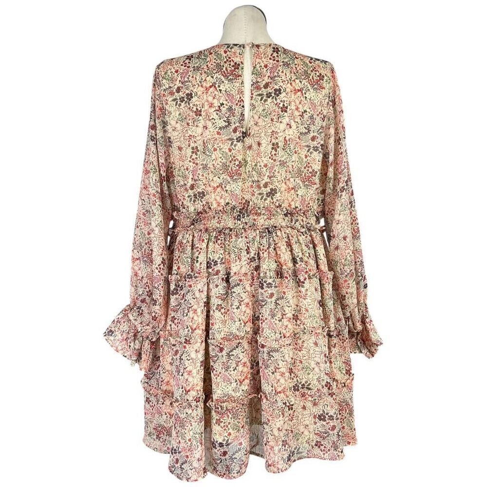 Torrid Mini Dress Women 2X Beige Floral Lurex Chiffon Tiered V Neck Puff Sleeve - Picture 9 of 11